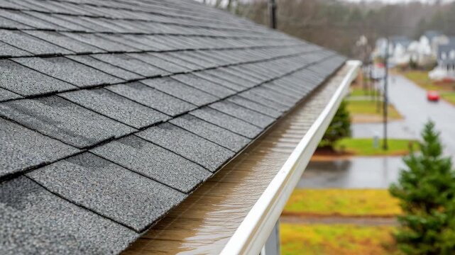 Close-up of rain water flowing quickly off dark asphalt shingles into a white house gutter during a storm.