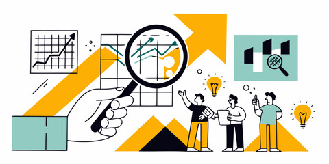 Data analysis brainstorming and teamwork driving innovation with a magnifying glass