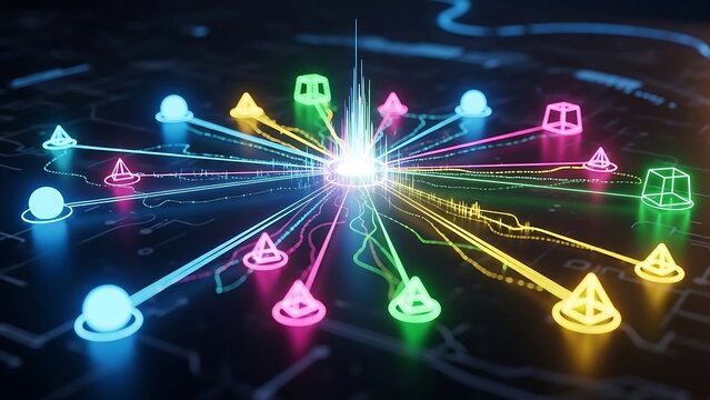 Interconnected Network of Shapes with Glowing Lines and Central Hub.
