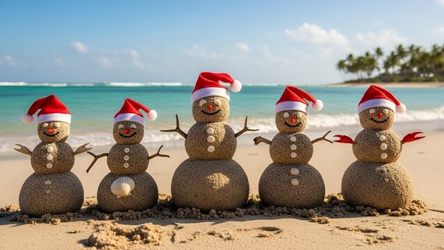 Festive sandmen adorn a tropical shoreline evoking a warm Christmas holiday feeling