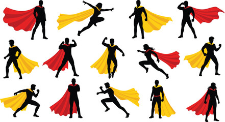 men and women wearing colorful red and yellow capes in flying, running, and fighting action poses, vector set