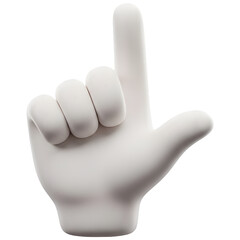 Minimalist 3D rendered white cartoon hand gesture pointing upwards with the index finger.