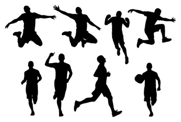Collection of active man silhouettes in various sports poses of jumping and running
