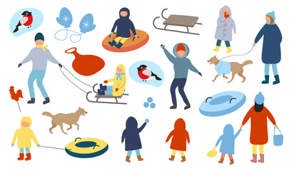 Big set of winter illustrations. Children on sled, on sledding slope. Adults playing with children, family. Winter walk, children playing outdoors. Winter holidays. Woman walking dog. Flat design.