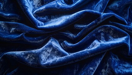 Close-up of deeply saturated blue velvet fabric, softly rippled and draped, creating depth and shadows