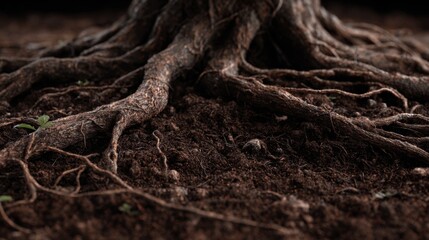 Detailed Close-Up of Tree Roots Emerging from Rich Dark Soil in Natural Environment
