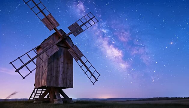An old wooden windmill stands in a field under a time-lapse milky way night sky with moving stars, mill.