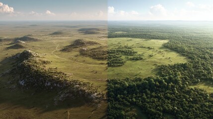 Expansive Aerial View of Diverse Landscapes Featuring Grasslands and Lush Forests Under Blue Sky with Fluffy Clouds