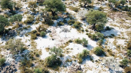 Aerial View of Arid Landscape with Sparse Vegetation and Rocks in Sunshine