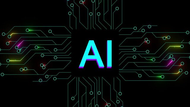 Futuristic isometric animation of an artificial intelligence microchip with intricate details. Visually engaging motion graphic showcasing digital processing, neural networks, advanced computing,