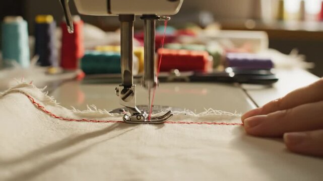 Close up of sewing machine with red thread stitching on white fabric for crafting and textile design