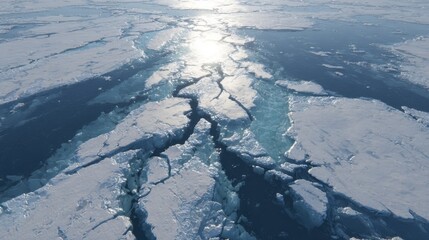 Ice Flows and Cracked Surface Under Bright Sunlight in Frozen Arctic Ocean Waters