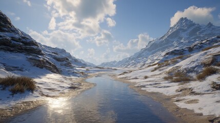 Serene Winter Landscape with Snowy Mountains, Calm River, and Clear Blue Sky Under Soft Fluffy Clouds