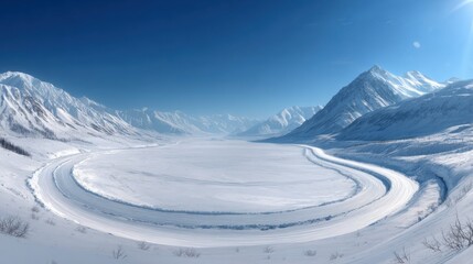 A Stunning Winter Landscape Showcasing Snow-Covered Mountains, a Serene Frozen Lake, and Clear Blue Skies in a Remote Location