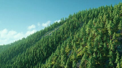 Lush Green Forest Landscape with Tall Pine Trees Against a Clear Blue Sky in a Scenic Natural Setting