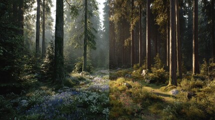 Serene Forest Landscape with Sunlight Filtering through Trees and Vibrant Wildflowers in a Peaceful Natural Setting