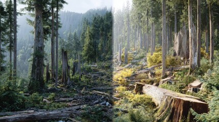 Contrast of Deforestation and Natural Forest Landscape with Lush Greenery in a Mountainous Setting