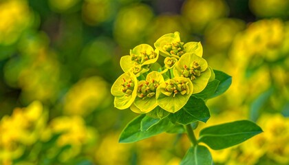 Bright yellow flowers bloom amidst green leaves, creating a soft, blurred bokeh background in natural daylight