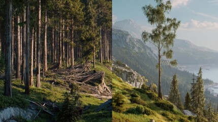 Serene Forest Landscape with Tall Trees, Lush Greenery, and Mountain View Under Clear Blue Sky