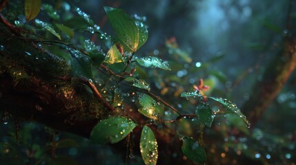Lush Green Leaves with Raindrops in a Misty Forest Setting Capturing Nature's Beauty and Tranquility