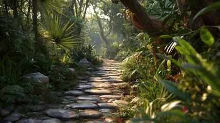 Tranquil Pathway Through Lush Green Jungle Surrounded by Vibrant Plants and Sunlight Filtering Through Canopy