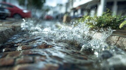 Water splashing on cobblestone street during rainfall with urban background and greenery in shallow focus landscape image