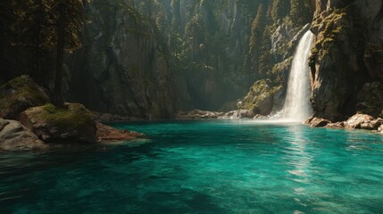 Serene Cascading Waterfall Surrounded by Lush Green Forest and Crystal Clear Lake in Dreamy Nature Landscape