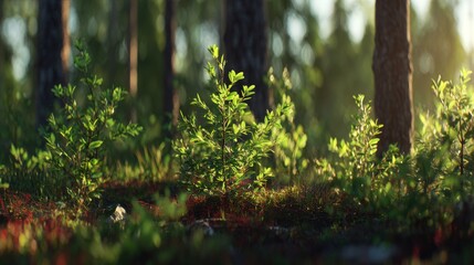 Lush Green Plants Growing in Forest Under Soft Sunlight with Vibrant Leaves and Rich Earth Soil in Nature's Serenity