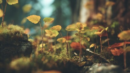 Delicate Young Plants Growing on Forest Floor Surrounded by Moss and Soft Light in a Serene Natural Environment