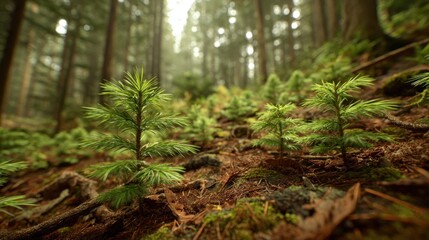 Lush Green Sprouts Emerging from Forest Soil in a Misty Woodland Environment Surrounded by Tall Trees and Natural Light