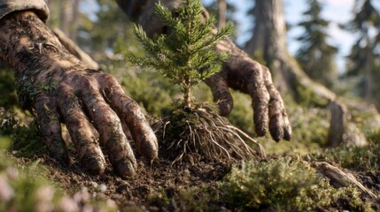 Giant hands nurturing a young tree in a forest, symbolizing growth, nature, and environmental conservation