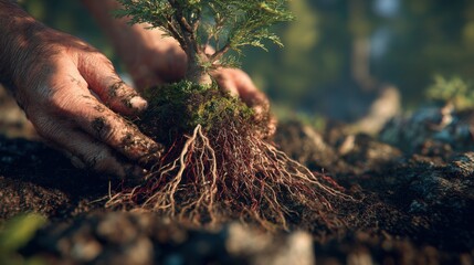 Gentle hands planting a young tree with visible roots in rich soil amidst a lush, green forest environment for conservation efforts