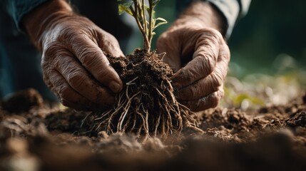 Close-Up of Hands Planting a Sapling into the Rich Soil in a Natural Environment