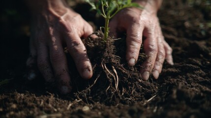 Close-Up of Hands Planting Seedling in Rich Soil for Sustainable Gardening and Environmental Conservation Efforts