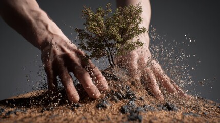 Hands nurturing a small tree amidst particles of earth and dust in a symbolic representation of growth and nature's resilience