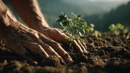 Hands Planting Seedling in Soil Under Natural Light in Agricultural Field with Lush Green Background