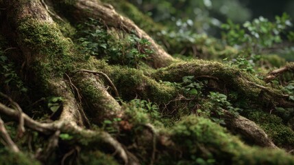 Fototapeta premium Detailed View of Moss-Covered Tree Roots in a Lush Forest Setting with Soft Green Foliage and Natural Light