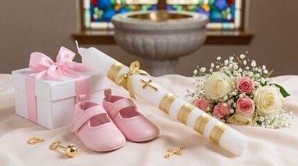 Ceremony setup for a baby's baptism includes shoes, candle, flowers, and gift box in a church setting