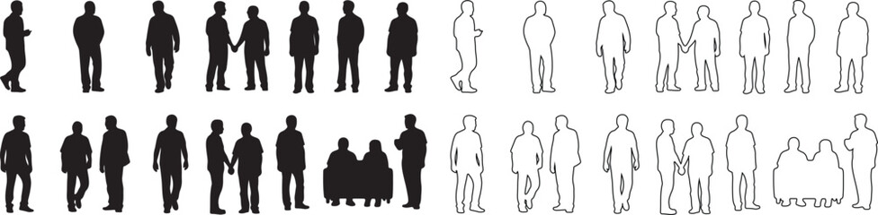 Set of Diverse People Silhouettes and Outline Figures. Black and White Vector Collection for Architectural Drawings and Urban Design. isolated PNG with Transparent Background