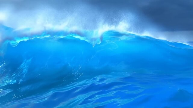 Dramatic ocean waves surge under dark, stormy clouds, showcasing the raw power and beauty of nature. the vibrant blue tones of the waves contrast with the ominous sky, capturing an awe-inspiring seasc