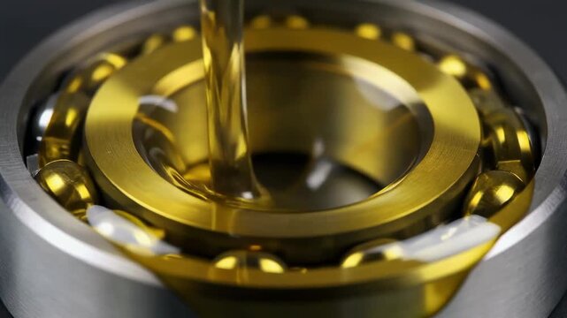 Industrial ball bearing maintenance with thick golden lubricant being poured in slow motion highlighting friction reduction and mechanical efficiency for smooth operation