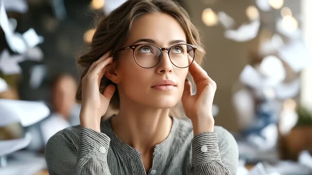 Faceless focused woman in glasses holding small object defocused chaos blurred background mental clarity concept stress management staying calm overwhelming environment