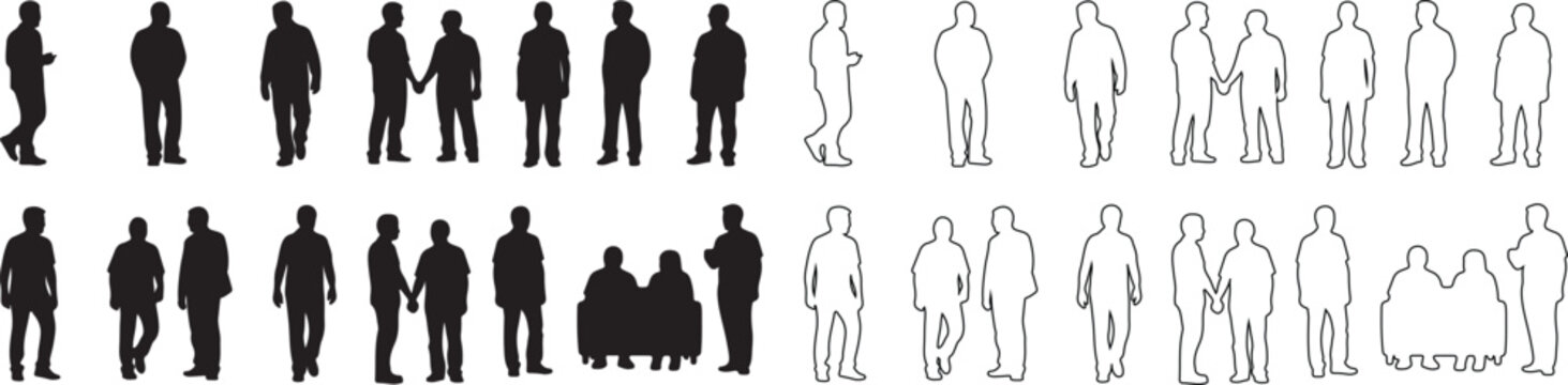 Set of Diverse People Silhouettes and Outline Figures. Black and White Vector Collection for Architectural Drawings and Urban Design. isolated PNG with Transparent Background