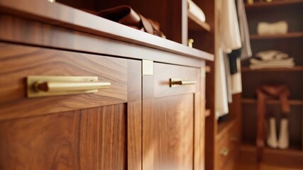 Luxurious custom closet design with detailed wood finish, gold hardware, and organized storage space