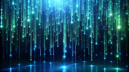Abstract digital rain of glowing blue and green light streams falling down in a dark space with reflections on the floor, representing data flow and technology concept
