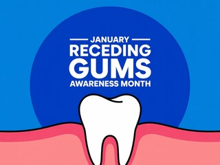 Illustration of a tooth with receding gums on blue background for dental health awareness