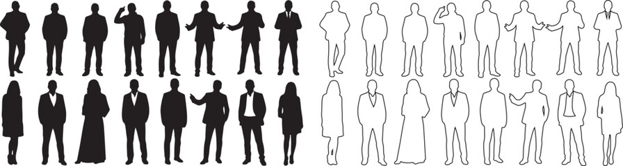 Set of People Vector Silhouettes and Outline Icons. Standing Men and Women Figures. isolated PNG with Transparent Background