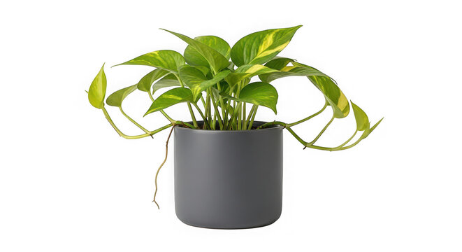 A potted pothos plant with vibrant green and yellow variegated leaves, of transparent
