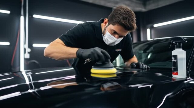 A worker in a black shirt, gloves, and mask buffs a car?s dark hood with a polisher, a bottle nearby. Fluorescent lights shine
