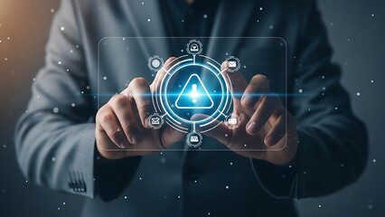 A person in a business suit presenting a futuristic blue triangle symbol on a transparent interface with glowing lines and geometric shapes